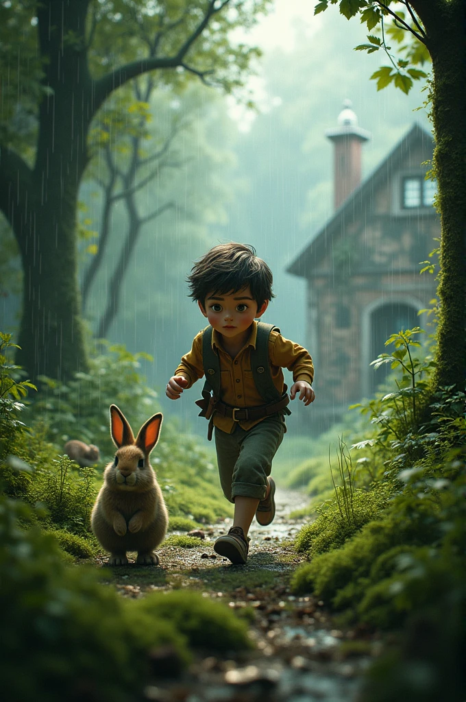 A boy, Ethan, is chasing a rabbit through the woods. Suddenly, it starts raining, and he runs toward the old house for shelter.  