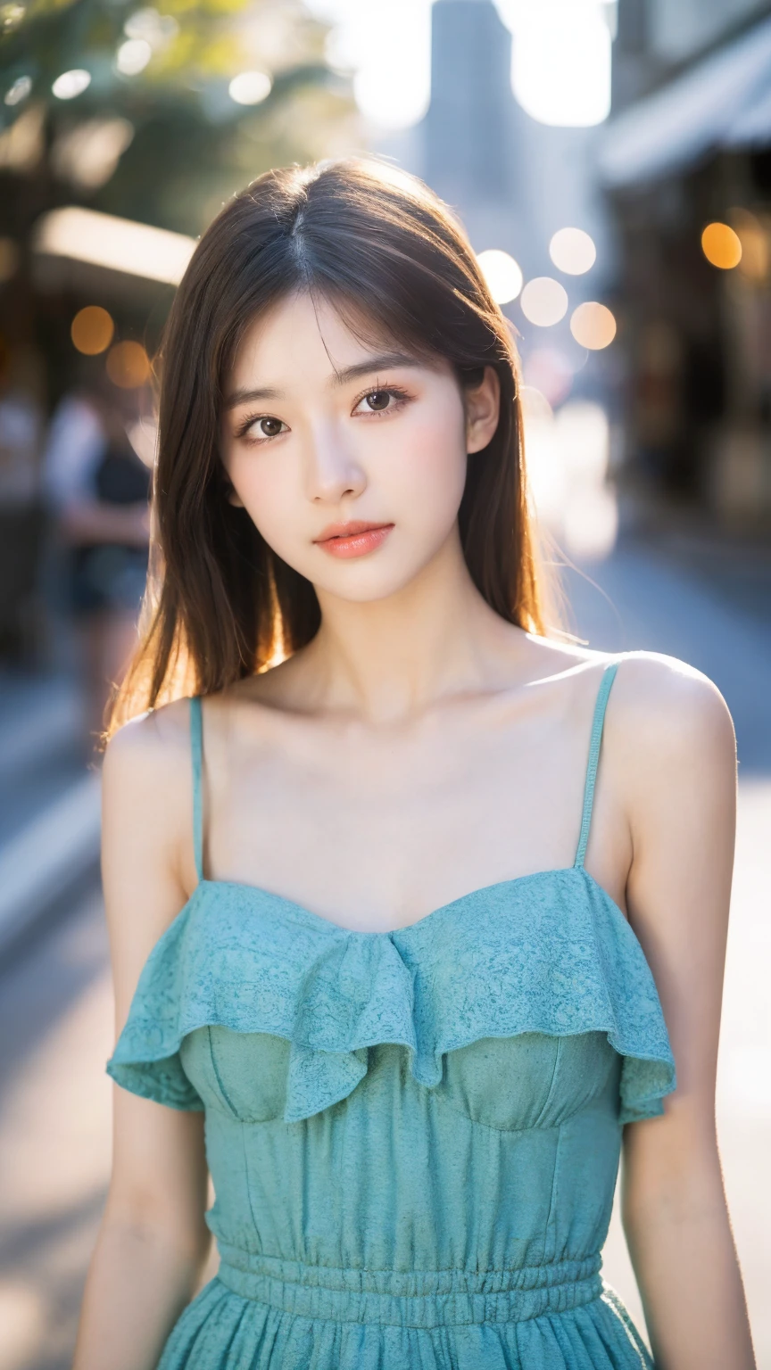 ((Best quality, 8k, masterpiece:1.3)),1girl,18 years old,Asian,Real texture:1.3,(Background blur:1.1),Dress,Tall and slender figure:1.2,(Hot summer weather),(street:1.3),Highly detailed face and skin textures,Exquisite eyes,Long eyelashes,Double eyelids,Skin Whitening,happy,Various lenses,Beautiful breasts