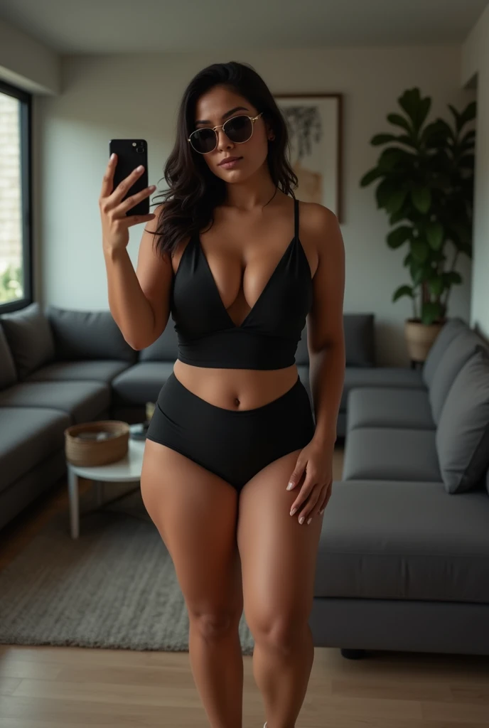 The best cell phone wallpaper, Award-Winning Wallpaper, portrait photography, In the front view is a portrait of a cute indian married 35 year old healthy curvy woman wearing seductive fashion coord set top and shorts, front view photo, Shot with Canon EOS R5, Set a strong contrast that accentuates the subject, Wearing a very modern deep neck top and sunglasses with block high heels, beautiful background inside living room taking selfie