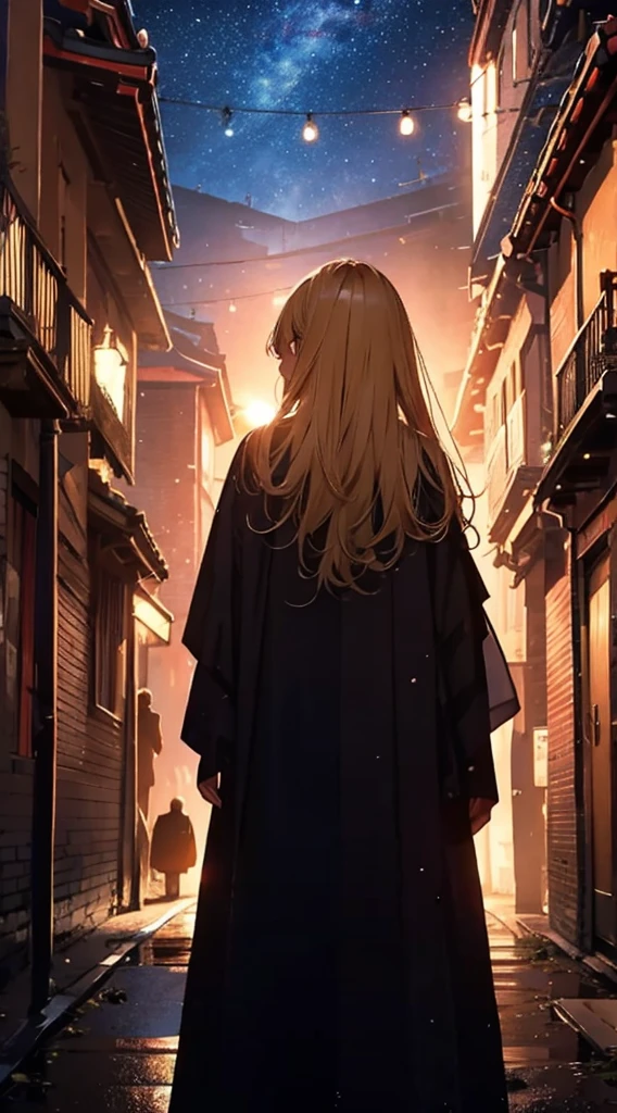 １people々々々々々々々々々々々々々,Blonde long-haired woman，Long coat， Dress Silhouette， Rear View，Space Sky, Magnolia flower