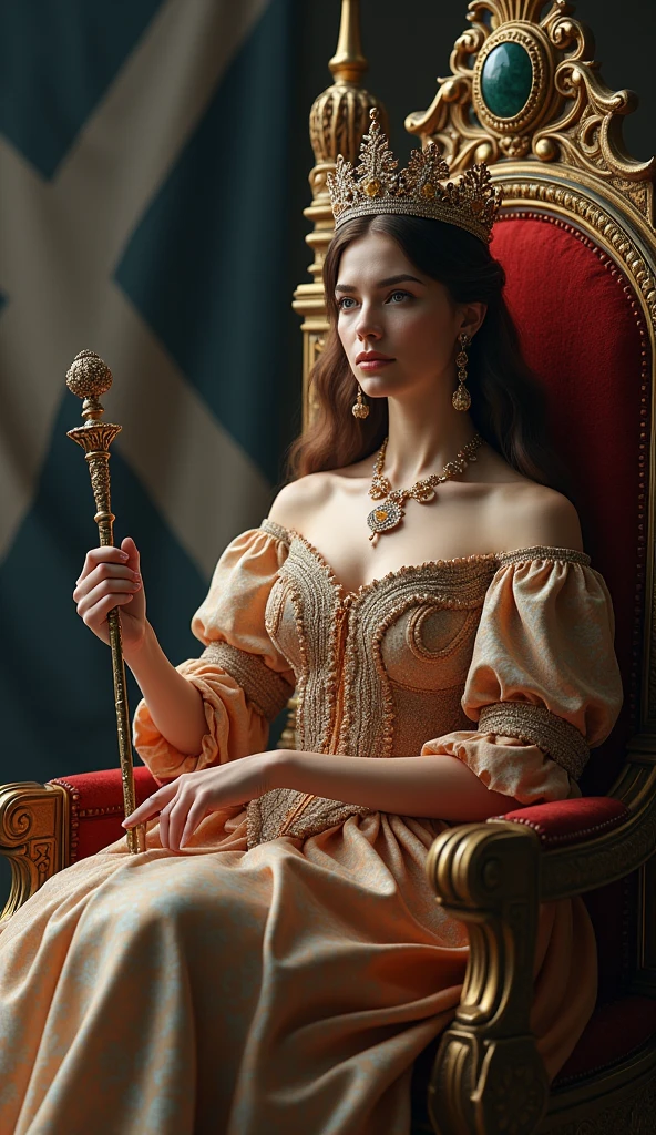 Young and beautiful Queen of Scotland。whole body。Sit on a throne、Wearing the crown、Holding a scepter and a jewel。Scottish flag in the background