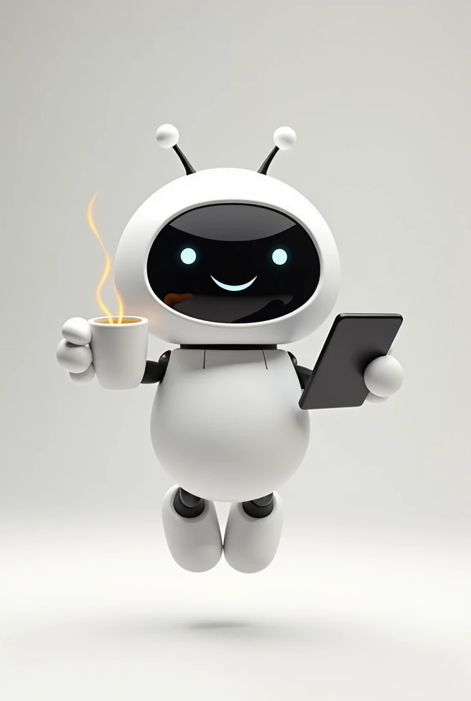 mascot in the form of a cute white
work. he looks a lot like Eve from the Wally cartoon. He levitates in the air because he has no legs, a face with a screen, small antenna ears and small handles. He holds a coffee in one hand and a tablet in the other