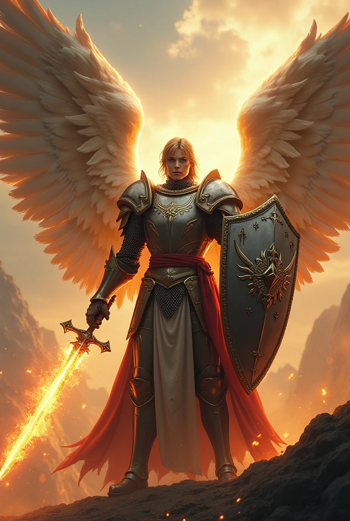 A medieval knight with angelic wings, and with a flaming sword in one hand and a shield in the other hand and in an attacking position