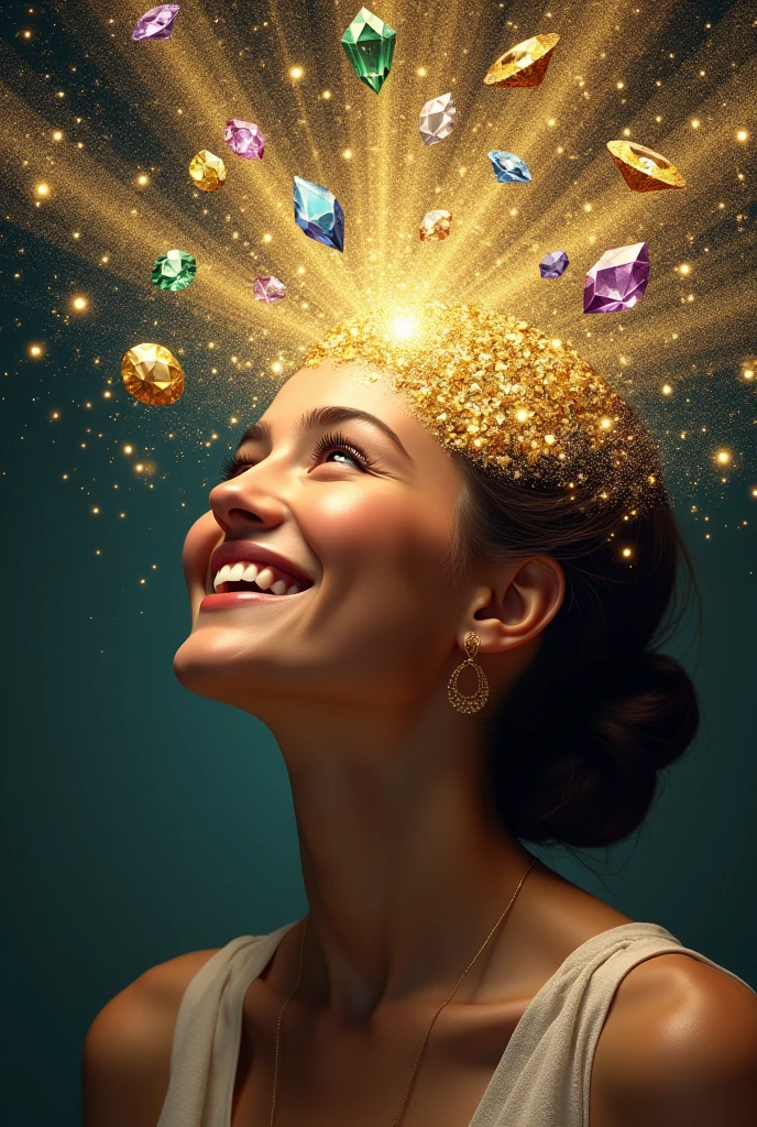A beautiful and smiling woman thinks and creates her spectacular and successful future through imagination. Her mind is visible and glitters full of gems, diamonds and gold. She is happy and happy and knows that she can paint her future. A realistic and symbolic image --v 6.0
