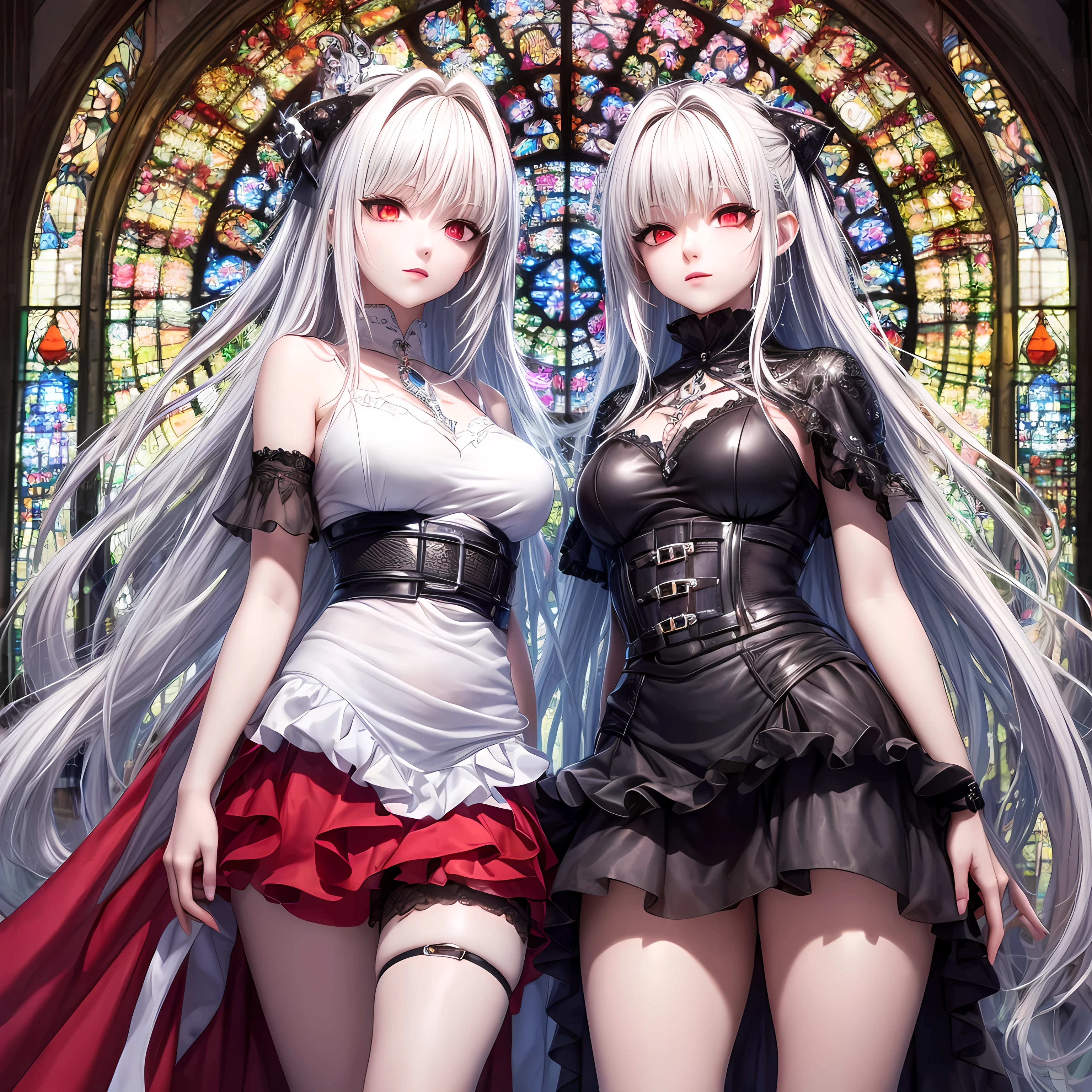 quality,8k,Highly detailed CG unit, masterpiece,High resolution,top-quality, real texture skin,Surreal,Increase the resolution,RAW Photos,最高quality,Very detailed,From below,Cool Beauty,Glamour Women, Cool pose,Goth,A skirt full of frills,Red accent embroidery,long hair shining white, Mysteriously glowing crimson eyes, Queen, world, Crystal Flower,Sparkling stained glass like a kaleidoscope,Majestic cathedral,Layered skirt with details, Detailed embroidery, Very layered ruffles, Detailed Texture,A geometric magic circle above your head,Ornamented Silver Scythe,The hidden forbidden sanctuary,