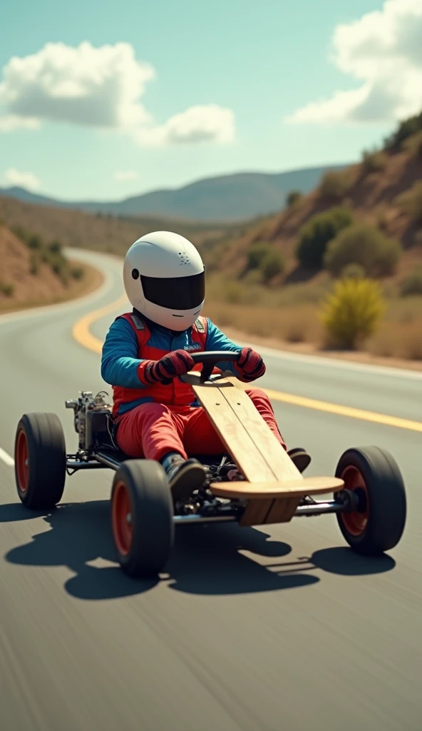 a person wearing a racing suit, helmet and gloves, sitting in a homemade wooden go-kart with tiny wheels that speeds down a road. The kart appears to be made from a skateboard, and the person holds onto the handlebars to balance. The person appears to be enjoying the ride and is probably participating in a go-karting event or practicing their driving skills.