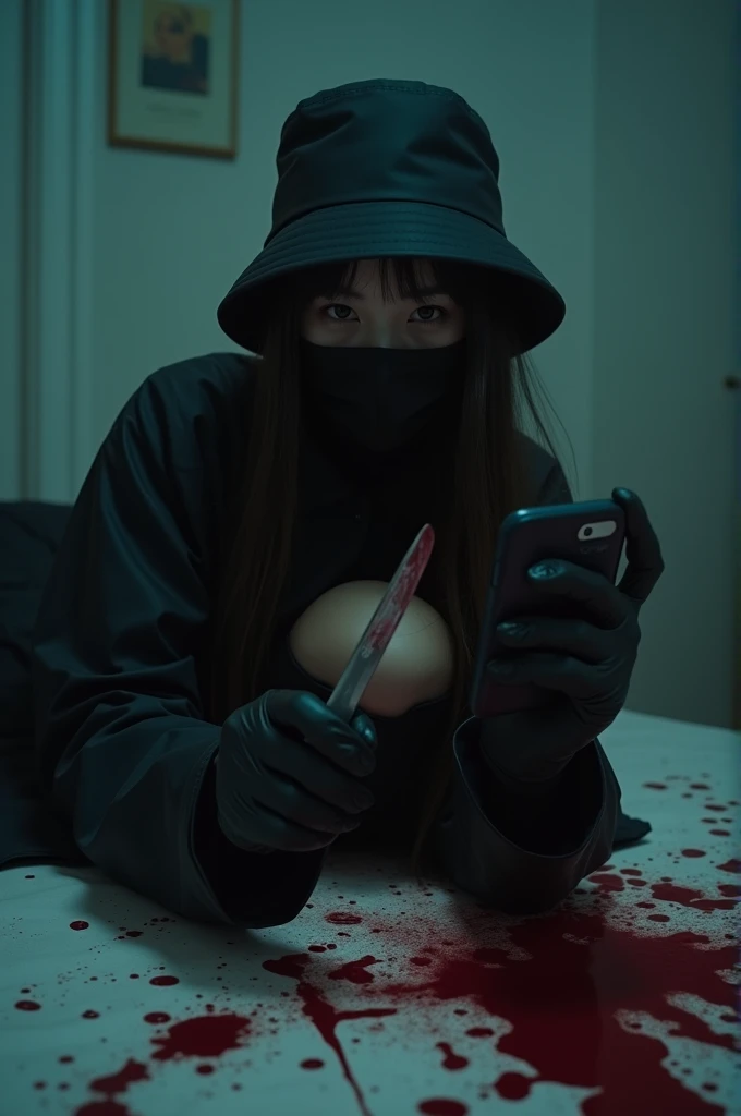 korean girl, (behind corpse, smartphone), black surgical mask, black gloves, room full of blood, black raincoat, bucket hat, holding knife, black gloves, woman on top, looking at viewer, behind corpse, blood splatter, on the bed, night, mass murderer, killer, long bangs, blood splatter, dark atmosphere, cinematic lighting, atmospheric realistic, close-up, take a photo with her smartphone