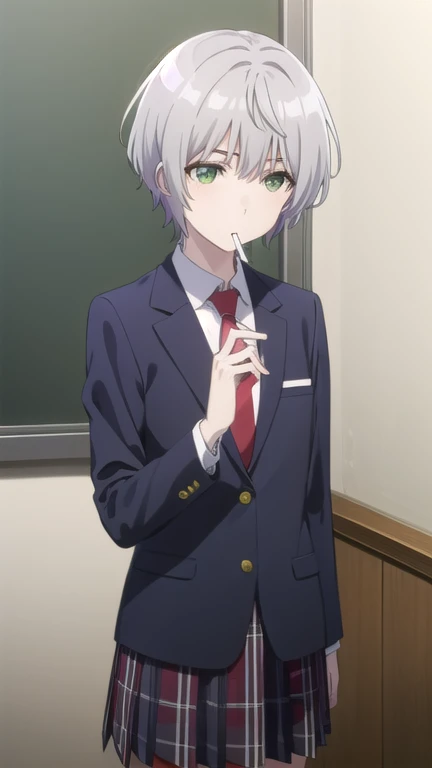 fuukakikuchi, fuuka kikuchi, short hair, bangs, hair between eyes, (green eyes:1.3), grey hair,
BREAK skirt, shirt, long sleeves, school uniform, jacket, white shirt, pleated skirt, necktie, collared shirt, plaid, plaid skirt, blazer, red necktie,
BREAK indoors, classroom,
BREAK looking at viewer,
BREAK (masterpiece:1.2), best quality, high resolution, unity 8k wallpaper, (illustration:0.8), (beautiful detailed eyes:1.6), extremely detailed face, perfect lighting, extremely detailed CG, (perfect hands, perfect ???????),(Smoking a cigarette:1.3),A displeased expression, glaring at me
