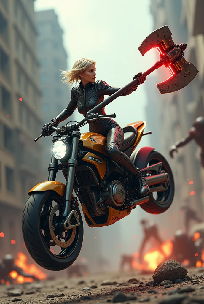 (masterpiece, Highest quality, shape, Subtle details, 8k:1.2),(Highly detailed CG Unity 8k wallpaper), (Highest quality), (Best illustrations), (((A slender adult woman wearing a futuristic full-body pilot suit:1.2))),(((Height3An adult woman wearing a meter-tall Skeletonics:1.2))),(((Skeletonics is riding a flying motorcycle:1.2))),(((Skeletonics is holding the left handlebar of the flying motorcycle with her left hand:1.2))),(((Skeletonics is wielding a massive battle axe with a colossal axe attached to its right hand.:1.2))),A dynamic 3D digital image of a slender blonde adult woman in her 30s with a sleek bob hairstyle, wearing a futuristic full-body pilot suit. She is piloting a 3-meter-tall exoskeleton (Skeltonics) while riding a futuristic flying bike, gripping the bike's controls with her left hand. The scene is set in a post-apocalyptic city, with the bike flying just above the ground near crumbling buildings. The Skeltonics' right hand is wielding a large battle axe, its blade glowing with red flashes, mid-swing as it slices through a grotesque alien creature, cutting it clean in half. The atmosphere around the exoskeleton is filled with numerous other bizarre and menacing creatures, all lunging toward the Skeltonics. The entire scene is filled with speed, action, and intensity, with debris and motion blur conveying the fast-paced chase and battle. The lighting and shadows enhance the chaotic, high-stakes battle in the ruined cityscape.,A highly detailed 3D digital image featuring a slender blonde woman in her 30s with a sharp bob haircut, wearing a futuristic, full-body pilot suit. She is seated in a 3-meter-tall exoskeleton known as Skeltonics, piloting a flying motorbike just above the cracked, debris-laden ground of a ruined, post-apocalyptic city. With her left hand, she controls the bike, while her right hand, encased in the exoskeleton, raises a massive battle axe glowing with red light. The axe is caught mid-swing, slicing a monstrous alien creature in half, with vibrant sparks and red flashes emanating from the blade. Surrounding the Skeltonics and bike, many grotesque and twisted alien creatures leap and attack, their sharp claws and distorted limbs aiming at the woman and her machine.