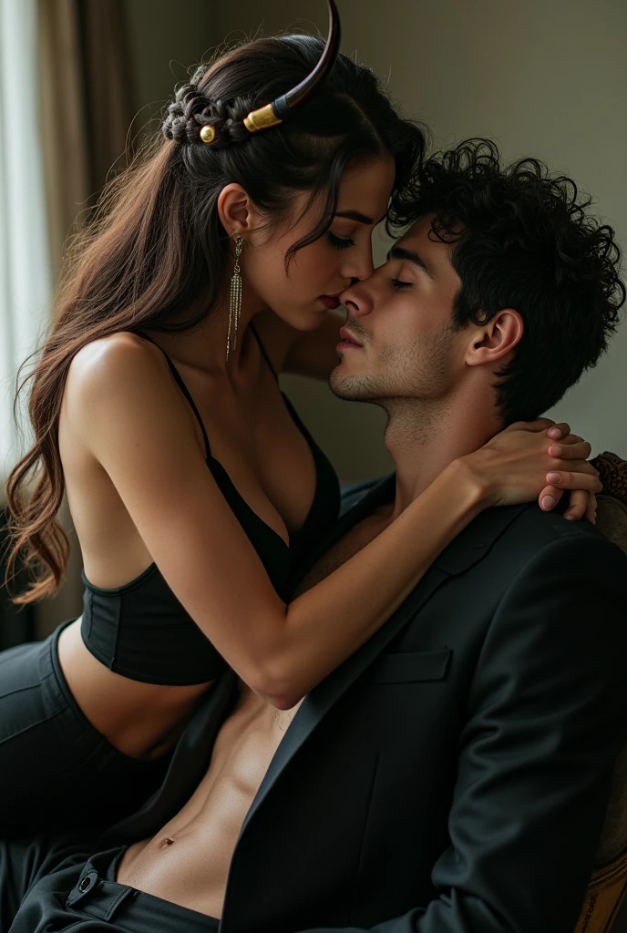 Create a man that has curly, iridescent midnight hair and sharp cheekbones. He has long, black eyelashes and soft lips. His eyes are black with a golden ring around the pupils. He wears kohl under his eyes. He has very pale skin. Make him sit down on a chair, in front of a desk. Add a oman standing above him with a knife to his throat. While she holds the a knife to so close to his throat they are kissing. The woman has a slim figure and soft features, such as her heart-shaped face. Make her pale and her eyes the exact color of walnuts. Her hair needs to be brown, the color of a willow tree. The hairstyle she is with are braided horns. She has have fuller breasts and larger hips. The most important thing is that she holds a knife to his throat. the point is that she's supposed to threaten him but instead she kisses him. where are the braids that looks like fucking horns?!! give me her motherfucking braids! and DELETE any kind of tattoos you added!!!!!!!!!! did you just ignore everything that is written above...? SHE GOLDS THEE KINIFEEE