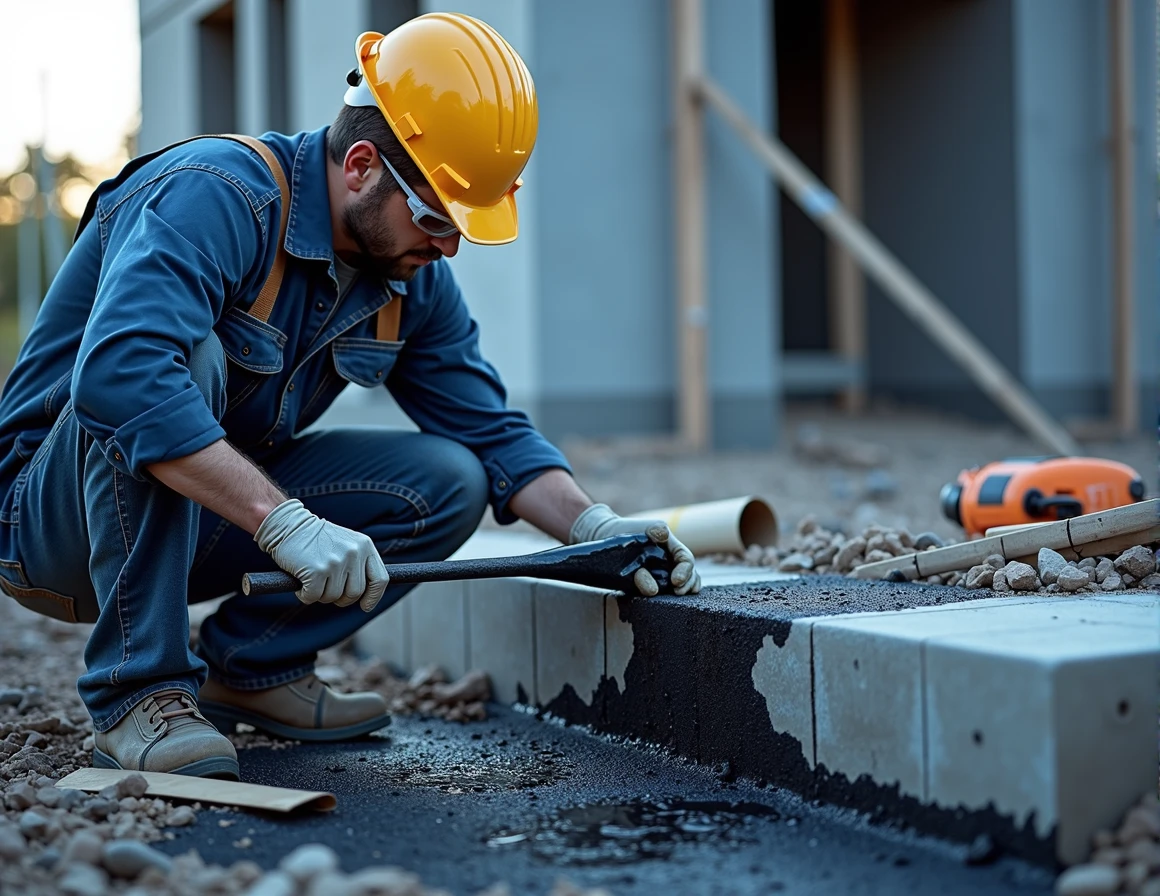 A bricklayer applying a coat of black liquid waterproofing to a foundation beam located above ground., in a house building, using necessary EPIs. The image should contain the main colors in blue