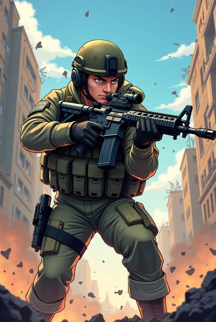 Blood Strike in anime and video game style cartoon with an M4 weapon in hand and soldier's suit