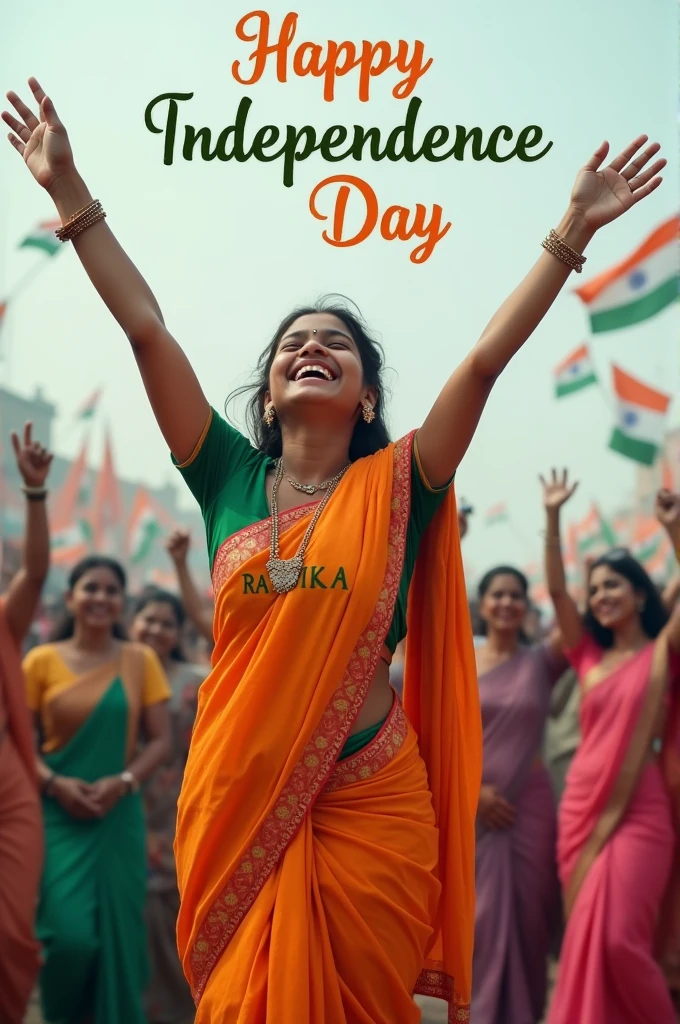 A real 25-year-old girl joyfully celebrates Indian Independence Day, she is wearing traditional Indian outfits Saree with the name “RASHMIKA ” written on her attire. Above her, in the sky, the words “Happy Independence Day” are displayed in a bold font. The backdrop is filled with people celebrating, enhancing the festive and patriotic spirit of the day.
