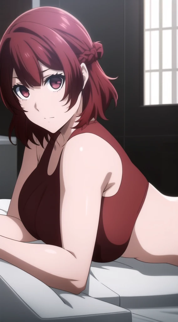 ((masterpiece)), ((best quality)), anriteieri, 1girl, breasts, short_hair, red_hair, red_eyes, solo_focus, indoors, medium_breasts, bikini, bed, laying