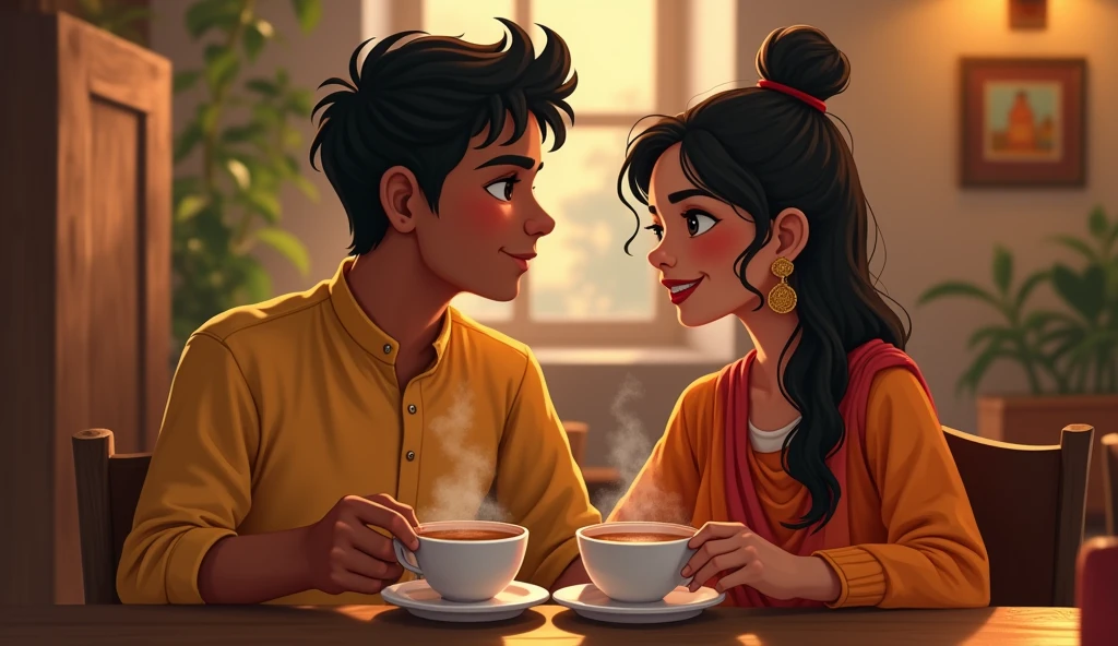 Bengali boy and girl in resturant with 2 cup of tea for thumbnail
