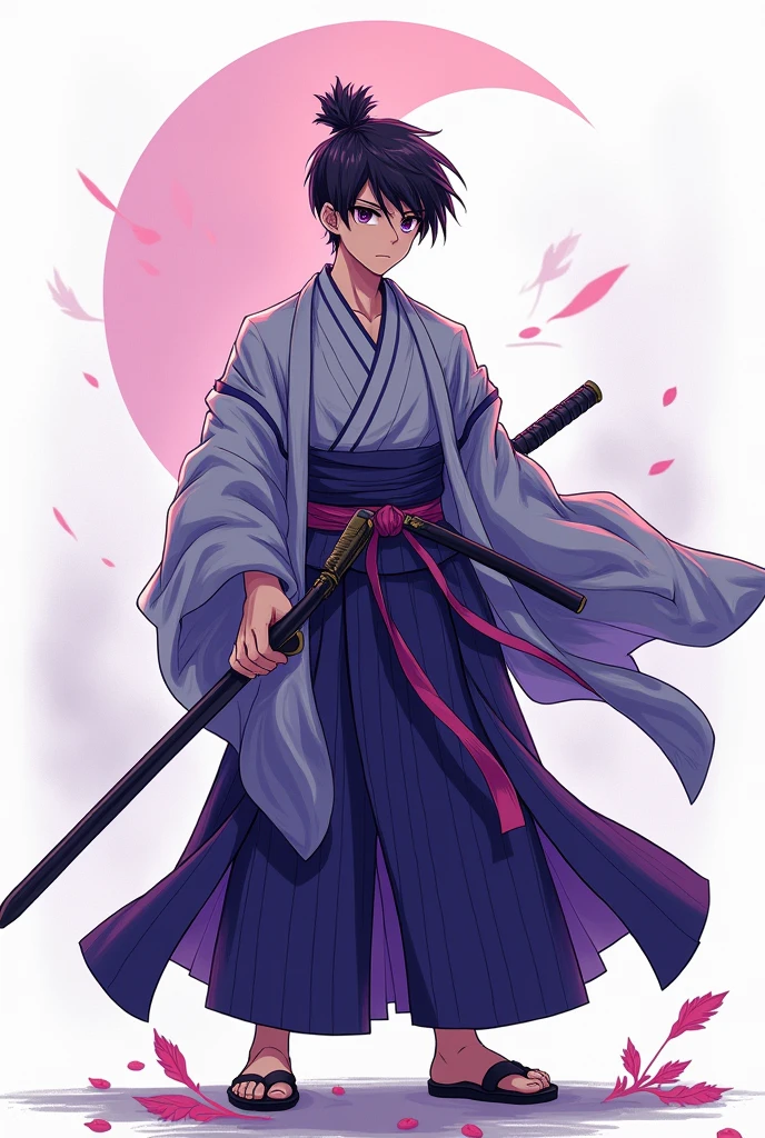 (illustrator) sketsa anime, samurai, kimono, blurple + white, front position, full body, boy, age 18