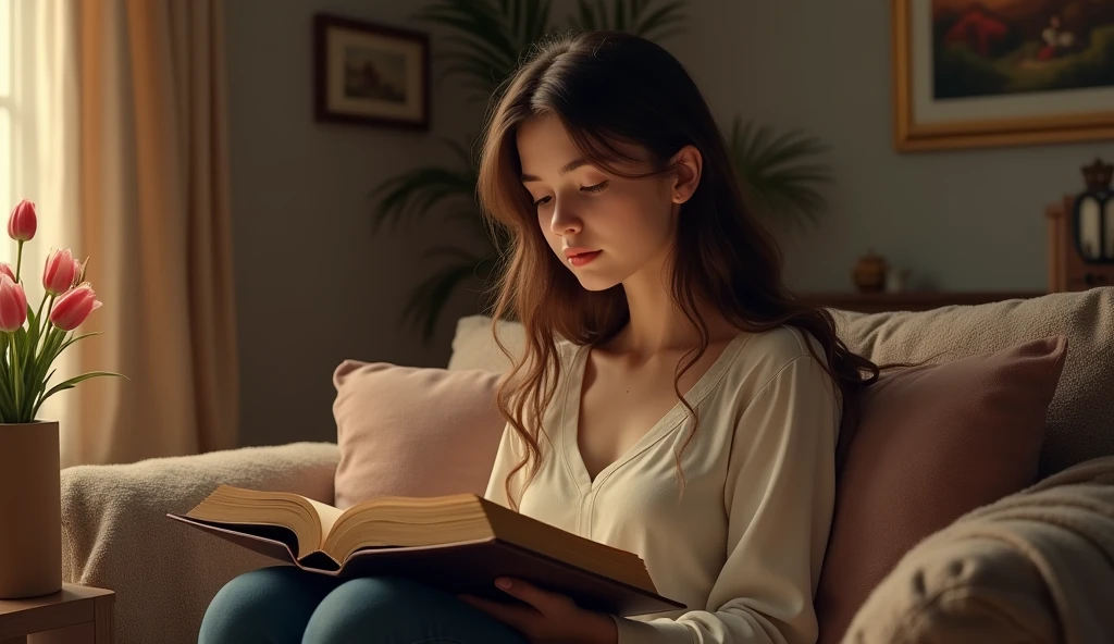 Realistic young lady reading the Bible in the living room.