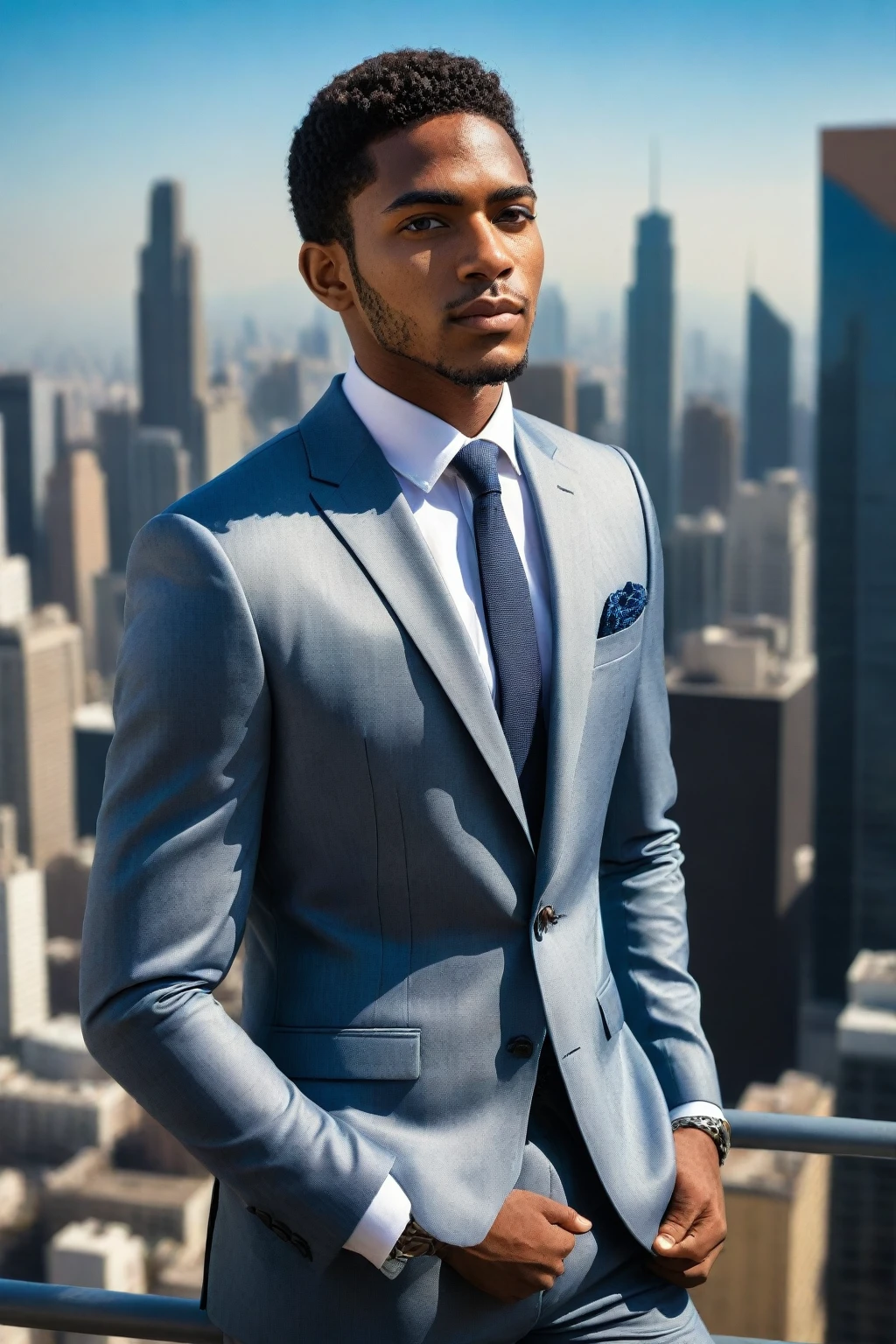 (perfect eyes), (detailed skin), (half-body portrait), Ultra-realistic young South American man, mid-20s, office balcony, panoramic city view with skyline, tailored suit, luxury fashion, natural pose, vivid colors, realistic shading with direct sunlight, detailxl