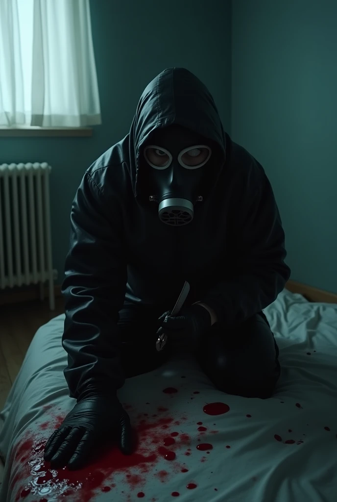 korean girl, (behind corpse, black gas mask), holding knife, stabbing, black gloves, room full of blood, black raincoat, plump girl, hood up, holding knife, black gloves, behind corpse, blood splatter, 20 years old, bed room, black wet suit, night, mass murderer, killer, robbery, dark atmosphere, cinematic lighting, atmospheric realistic, light from the window, close-up,