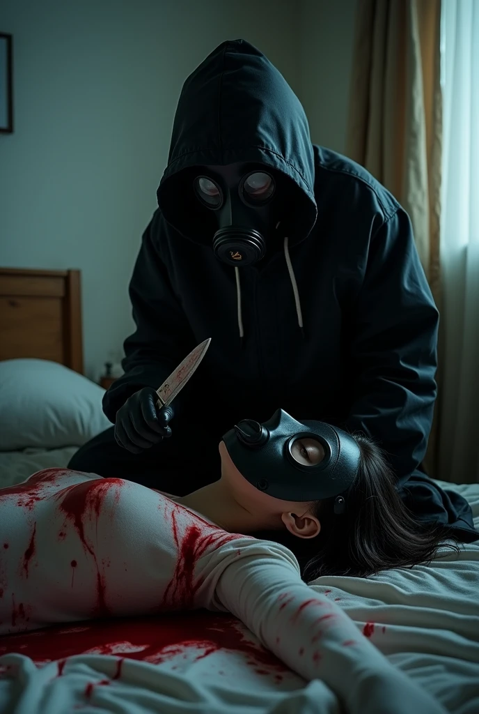 korean girl, (behind corpse, black gas mask), holding knife, stabbing, black gloves, room full of blood, black raincoat, plump girl, hood up, holding knife, black gloves, behind corpse, blood splatter, 20 years old, bed room, black wet suit, night, mass murderer, killer, robbery, dark atmosphere, cinematic lighting, atmospheric realistic, light from the window, close-up,