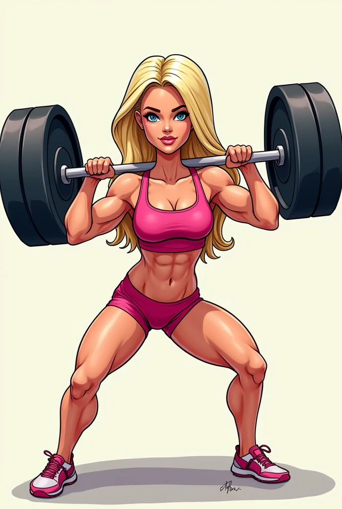 A cartoon-style illustration of a muscular blonde woman, resembling Barbie, doing a squat with a barbell on her back. She has a fit and toned physique, with clearly defined muscles. The woman is wearing pink gym attire, including a tank top and shorts. She has a focused and determined expression on her face. The background should be simple, perhaps a gym setting or plain colors that emphasize her action. The style should capture her strength and the power of the squat, with a motivational and empowering 
vibe
