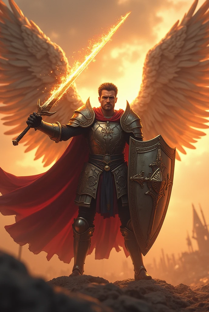 A medieval male knight with angelic wings, and with a flaming sword in one hand and a shield in the other hand and in an attacking position