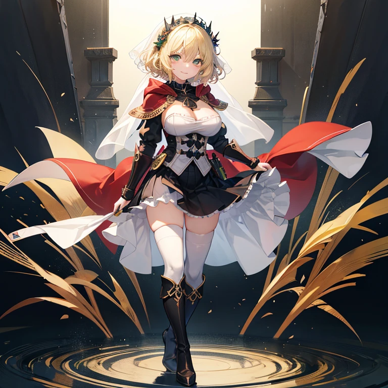 masterpiece, best quality, extremely detailed,a pretty woman,female k,white background,full body image, 1girl, original character, huge breasts, standing, blonde hair,pale skin,upbeat smile,closed mouth,short hair,tall ,green eyes,wavy hair,white short veil, ojou-sama, black thigh high boots,black gauntlets, black skirt,flower headdress ,BREAK,red cloak,black armor,