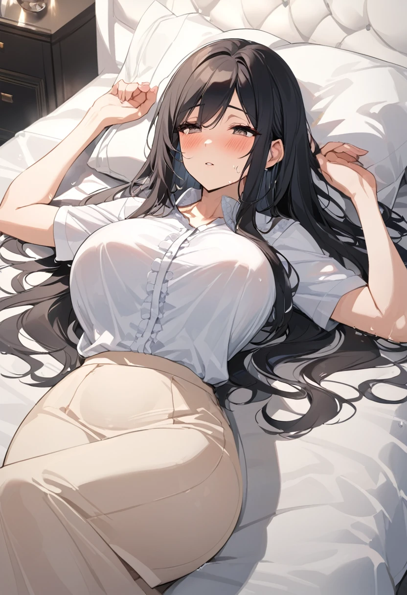 elegant mature woman,tender and gentle face,mature face,modest mature housewife,navy frilled shirt,black hair,at rich home,curvy,straight hair,oval face,lying on back on bed,thin eyes,blushed,wet skin,opened shirt,look at viewnr
