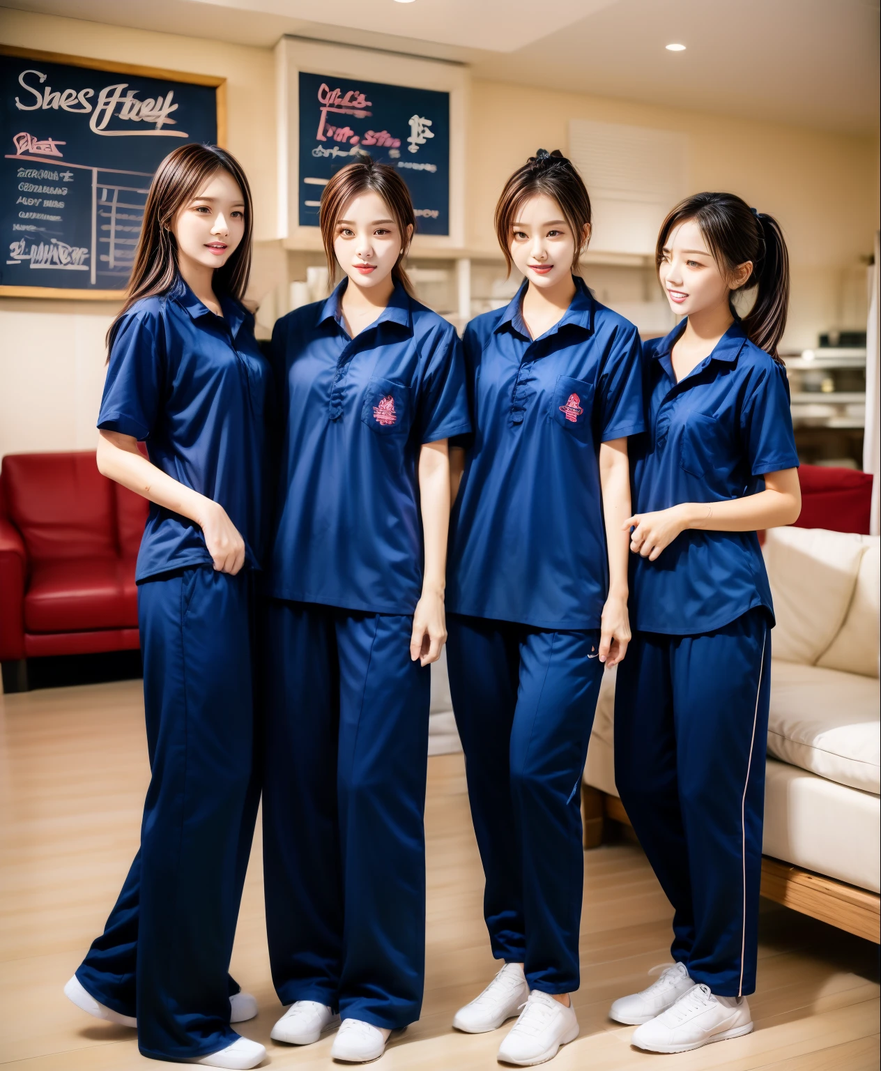 3 girls lie about on sofa living room, Navy blue short-sleeved shirt,Navy Long Trackpant,Sweatpants, Sweatpantsขายาว,25 year old girl, lesbian, sexy, exercise clothes, wet body, exercise clothes