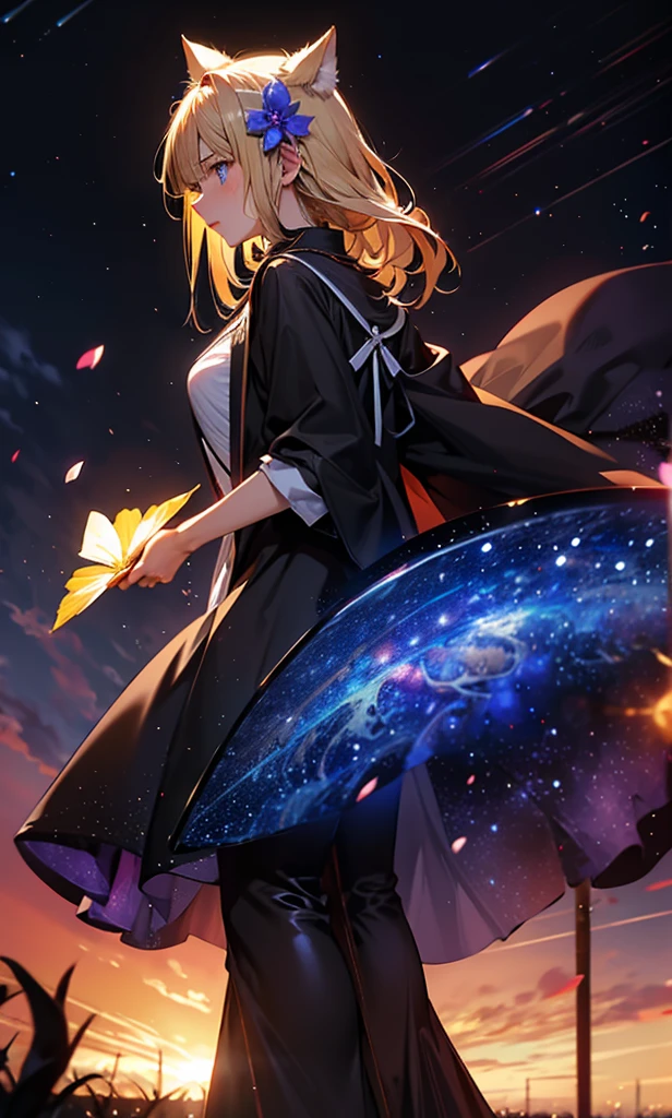 1people々々,Woman with medium length blonde hair,Cat ear,Long coat,Takageta, Dress Silhouette, Rear View,Space Sky, Flower Field,Countless meteor showers,Colorful flowers,Dancing Petals,