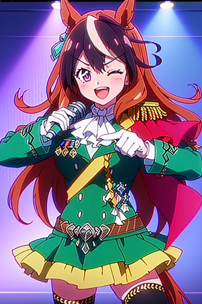 (masterpiece:1.3),(highest quality:1.4),(Super detailed:1.5),8k,High resolution,(an extremely delicate and beautiful:1.8),Official Art,Perfect Anatomy,(90s anime,90s anime style,Cel-shaded anime:1.17),(anime screencap,anime coloring:1.5),hmsymbo, 1girl, animal ears, streaked hair, horse tail, white gloves, black thighhighs, white ascot, red cape, single epaulette, long sleeves, green jacket, frills, medal, jewelry, green skirt, buttons,((ai's pose:1.37)), 1girl, solo, smile, open mouth, one eye closed, star (symbol), pointing,(microphone:1.1),