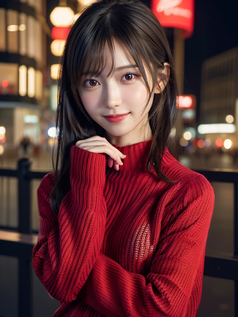 One of the Japan,(Colorful red sweater:1.4), (RAW Photos, Highest quality), (Realistic, Realistic:1.4), Tabletop, Very delicate and beautiful, Very detailed, 8k wallpaper, wonderful, In detail, Very detailedなCG Unity, High resolution, Soft Light, 美しくIn detail描かれた19歳の少女, Very detailedな目と顔, Beautiful and detailed nose, Beautiful details,Cinema Lighting,City lights at night,Perfect Anatomy,Slender body,E Cup,smile (My hair is messy, Asymmetrical bangs, Black Hair,)