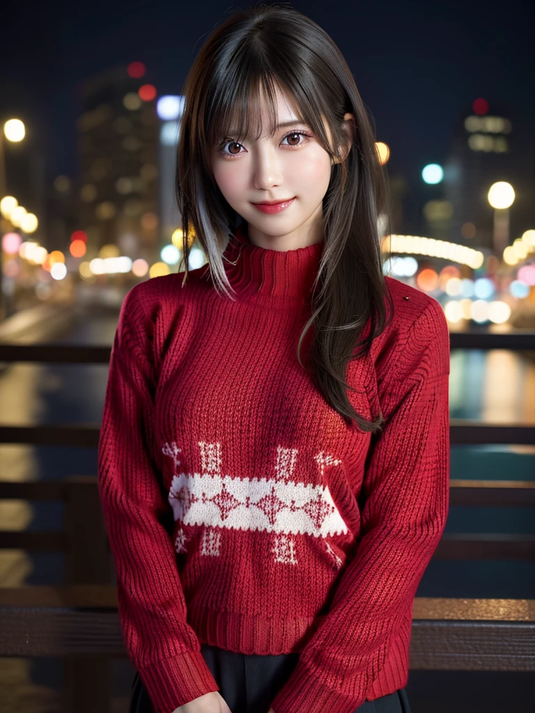 One of the Japan,(Colorful red sweater:1.4), (RAW Photos, Highest quality), (Realistic, Realistic:1.4), Tabletop, Very delicate and beautiful, Very detailed, 8k wallpaper, wonderful, In detail, Very detailedなCG Unity, High resolution, Soft Light, 美しくIn detail描かれた19歳の少女, Very detailedな目と顔, Beautiful and detailed nose, Beautiful details,Cinema Lighting,City lights at night,Perfect Anatomy,Slender body,E Cup,smile (My hair is messy, Asymmetrical bangs, Black Hair,)