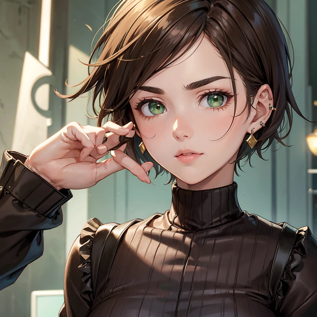 Strictness, eyebrows knitted, short hair, Brown hair, earrings, green eyes, solo,