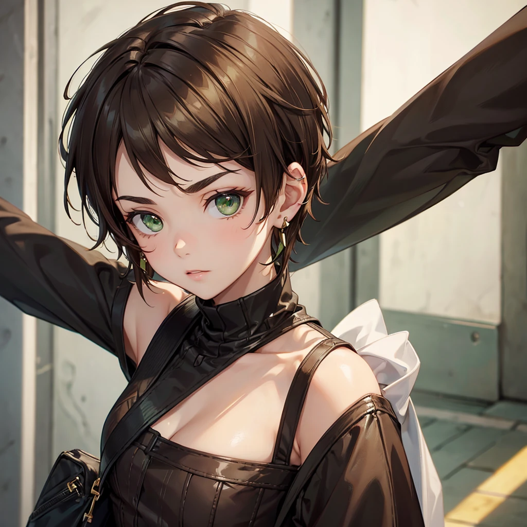 Strictness, eyebrows knitted, short hair, Brown hair, earrings, green eyes, solo,