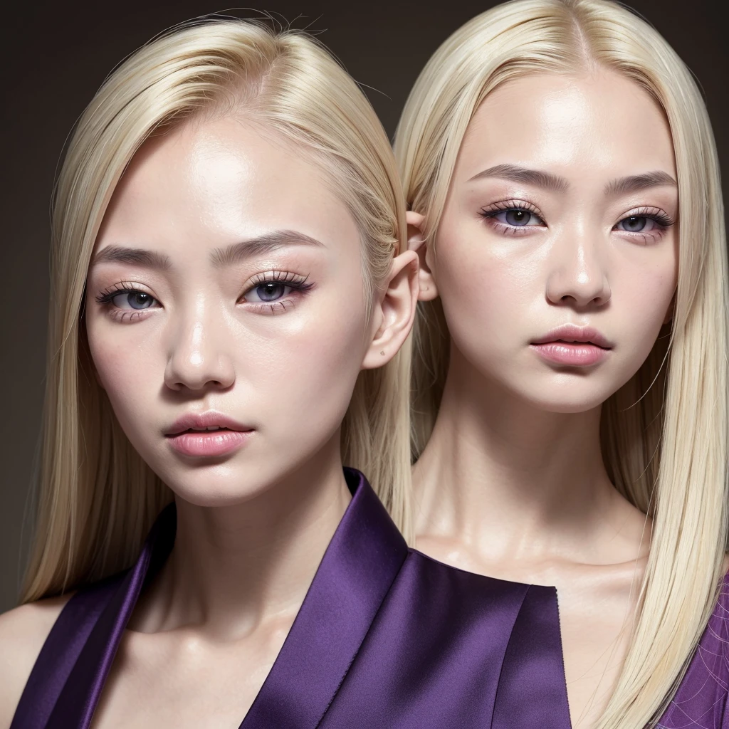 RAW, Best quality, high resolution, Masterpiece: 1.3), Masterpiece: 1.3, A Solo Albino Woman Korean nationality. She has skin cancer (stage 4). Facial features are sharp, eyebrows are thin. Smooth and straight nose with a slight hump. She has purple eyes and double eyelids.