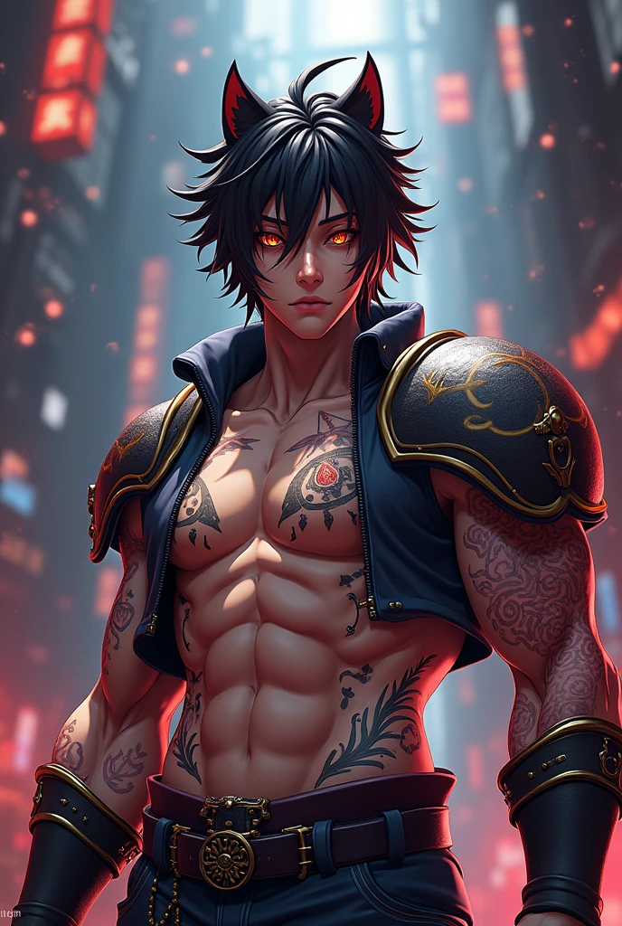 Vtuber model with Sukuna's tattoos and eyes, and has Sett's physique and clothing.