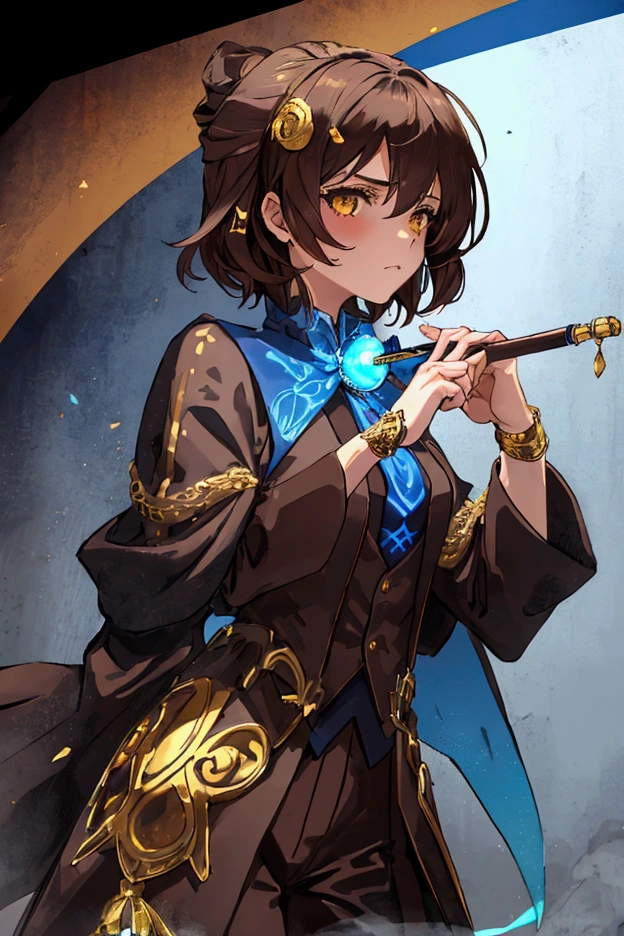 1 girl, solo, amber eyes, short brown hair, brown vest, whit shirt, black tie, blue robe with gold trim along the edge,1 blue smoking pipe with blue flame, gloomy face
