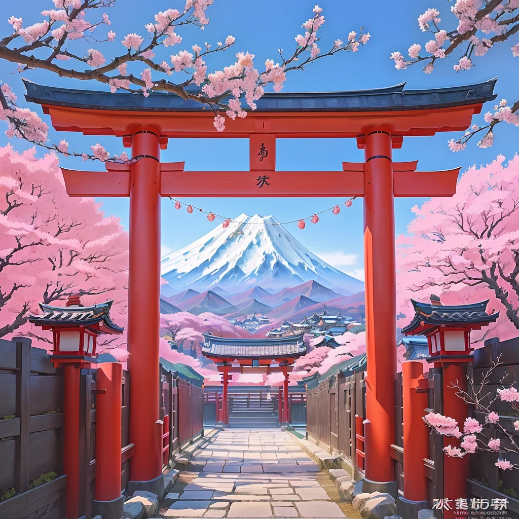 cartoon depicting a gate with a mountain in the background, japanese art style, anime background art, Zen temple background, anime background, Japanese cartoon style, inspired by Kiyomizu-dera Torii, Traditional Japanese Colors, Mount Fuji background, colorful anime movie background, background art, Japan grunge flowers, anime beautiful world scene, beautiful anime landscapes