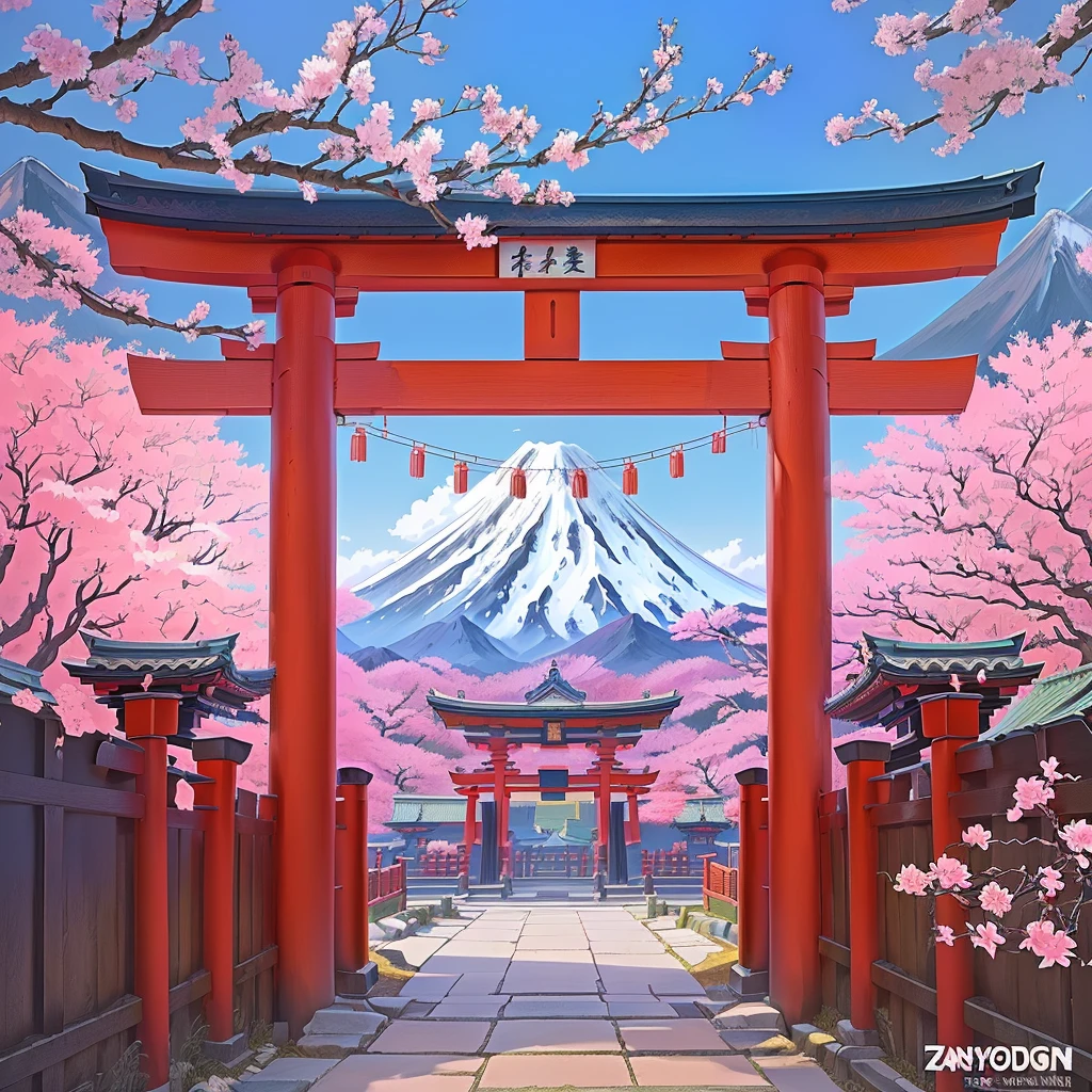 cartoon depicting a gate with a mountain in the background, japanese art style, anime background art, Zen temple background, anime background, Japanese cartoon style, inspired by Kiyomizu-dera Torii, Traditional Japanese Colors, Mount Fuji background, colorful anime movie background, background art, Japan grunge flowers, anime beautiful world scene, beautiful anime landscapes
