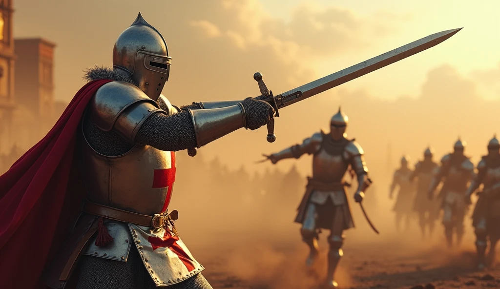 A highly realistic, high-contrast, 8K HD, detailed, hyper-detailed image of the Crusader knight from the provided image, delivering a powerful, single blow that fells an enemy on the battlefield. The knight, clad in steel armor with a red cross on his tunic, wields his sword with precision and overwhelming strength. The enemy, caught off guard by the sheer force of the strike, is struck down in a single moment. The battlefield is filled with the chaos of war—dust, blood, and the clashing of steel—but the focus remains on the knight's decisive action. The dramatic lighting highlights the gleam of his armor and the intensity of the strike, capturing the power and skill of the Crusader as he dominates the battlefield. The image is of the highest quality, with ultra-high resolution, RAW photo quality, and Unreal Engine rendering, showcasing the Crusader knight's formidable prowess as a warrior.