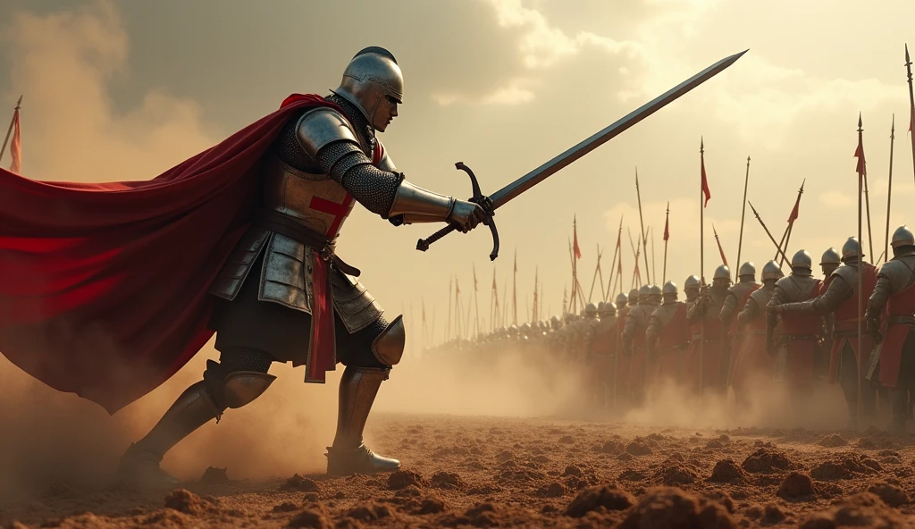 A highly realistic, high-contrast, 8K HD, detailed, hyper-detailed image of the Crusader knight from the provided image, delivering a powerful, single blow that fells an enemy on the battlefield. The knight, clad in steel armor with a red cross on his tunic, wields his sword with precision and overwhelming strength. The enemy, caught off guard by the sheer force of the strike, is struck down in a single moment. The battlefield is filled with the chaos of war—dust, blood, and the clashing of steel—but the focus remains on the knight's decisive action. The dramatic lighting highlights the gleam of his armor and the intensity of the strike, capturing the power and skill of the Crusader as he dominates the battlefield. The image is of the highest quality, with ultra-high resolution, RAW photo quality, and Unreal Engine rendering, showcasing the Crusader knight's formidable prowess as a warrior.