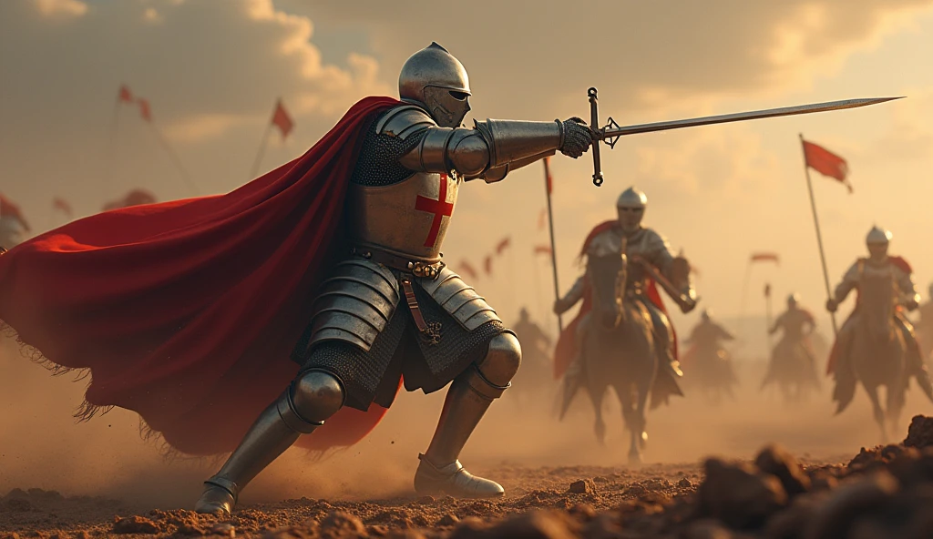 A highly realistic, high-contrast, 8K HD, detailed, hyper-detailed image of the Crusader knight from the provided image, delivering a powerful, single blow that fells an enemy on the battlefield. The knight, clad in steel armor with a red cross on his tunic, wields his sword with precision and overwhelming strength. The enemy, caught off guard by the sheer force of the strike, is struck down in a single moment. The battlefield is filled with the chaos of war—dust, blood, and the clashing of steel—but the focus remains on the knight's decisive action. The dramatic lighting highlights the gleam of his armor and the intensity of the strike, capturing the power and skill of the Crusader as he dominates the battlefield. The image is of the highest quality, with ultra-high resolution, RAW photo quality, and Unreal Engine rendering, showcasing the Crusader knight's formidable prowess as a warrior.