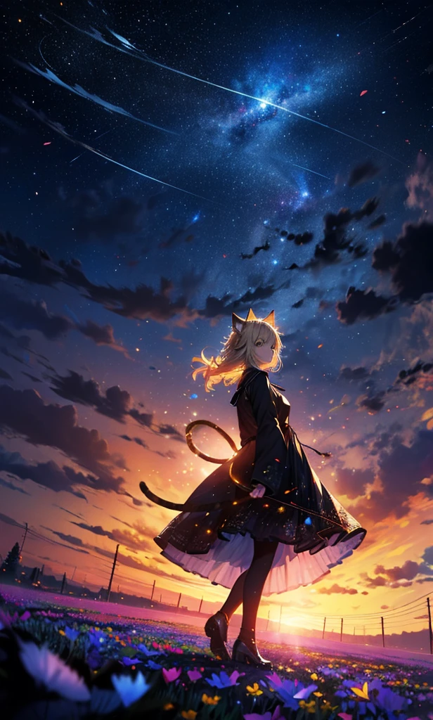 1people々々,Woman with medium length blonde hair,Cat ear,Long coat,Takageta, Dress Silhouette, Rear View,Space Sky, Flower Field,Countless meteor showers,Colorful flowers,Dancing Petals,