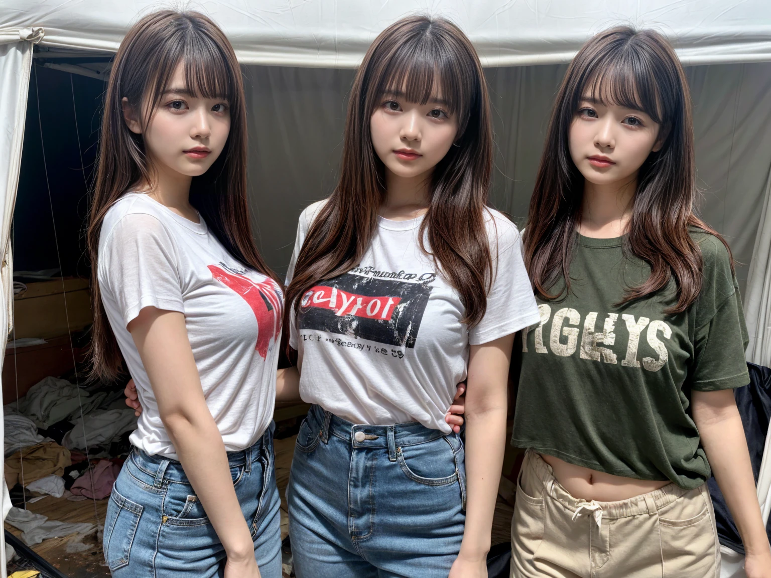 (Details High quality, realistic depiction of eyes:1.3), (2 girls), Tattered clothes, (The collapsed room), (Inside the barrack tent), (wearing a tattered and dirty t-shirt.:1.1), Wearing baggy pants, dirty body, (Messy long hair), black hair color, Big Natural Color Lip,  crying a little、Harajuku style、20 year old girl、cute type、lolita, Gravure Idol, full body photo、focus on crotch, huge breasts