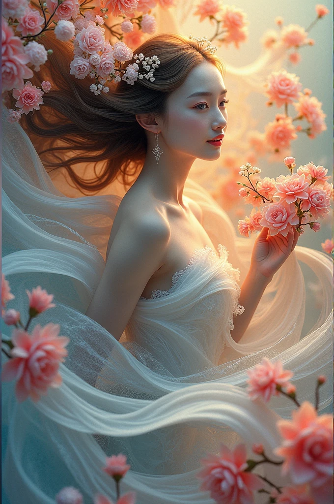 (masterpiece、top-quality、top-quality、Official art、Beautifully Aesthetic:1.2)、(1girl in)、ighly detailed、(Fractal Art:1.3)、colourfull、highestdetailed,(Poses in motion:1.4)、Detail Beautiful delicate face、Detail Beautiful delicate eyes、Very fine eye definition, (Symmetrical eyes:1.3),((Natural smile)),florals,pluma、image of goddess