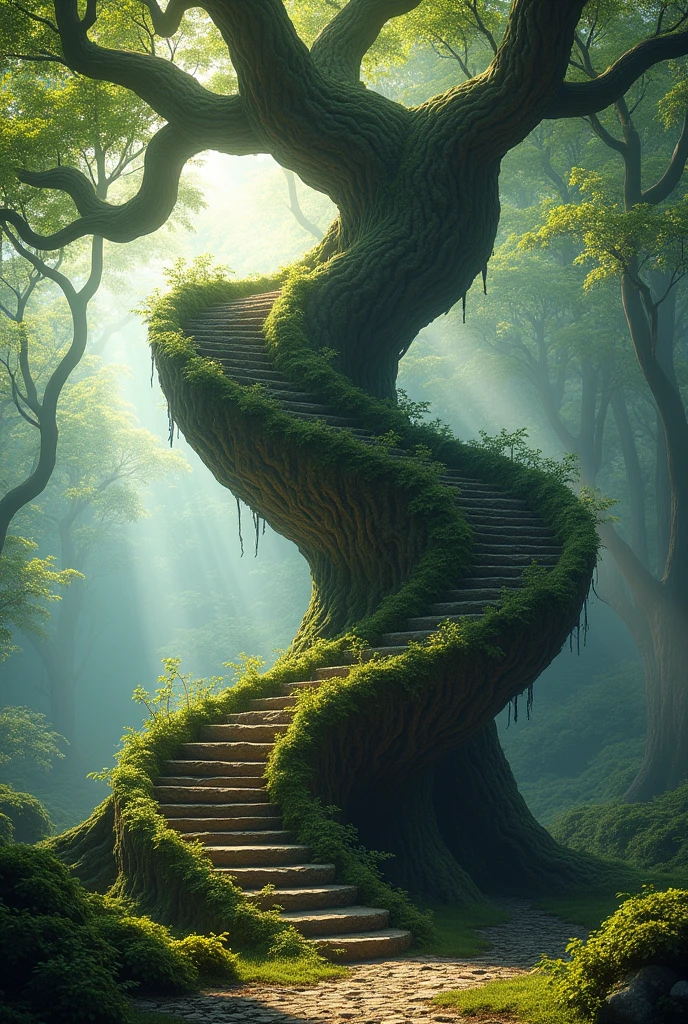 the ancient tree in the shape of a spiral staircase
