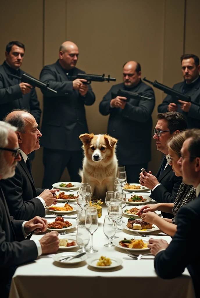 some gunmen pointing their guns at the dining table, in front of them the cameramen are pointing the cameras at the dining table, and 7 people are eating at the dining table, a bitch dog is sitting on the head chair of the table and he is sucking his pennis.