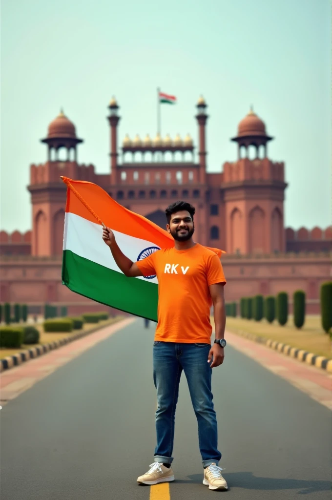 A real 25 years old men 5.3m hieght and 60 kg weight, Wearing Orange T shirt blue jeans sneakers and the name “RK v” is written on his t-shirt and the boy is standing on the road with holding a national flag of India, and behind him is the Red Fort Delhi. And written on sky “Independence Day” Create Realistic image high quality