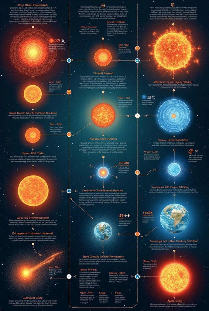 Here's how you can create a timeline with illustrations and text to show how elements form with the concept of atomic number:
### **Timeline Title: The Formation of Elements Across the Universe**
1. **Big Bang Nucleosynthesis (0-3 minutes after the Big Bang)**
- **Illustration:** A bright, hot explosion with tiny particles zooming out.
- **Text:**
- **Era:** Big Bang
- **Elements Formed:** Hydrogen (H, Atomic Number 1) and Helium (He, Atomic Number 2), along with trace amounts of Lithium (Li, Atomic Number 3).
- **Description:** In the first few minutes after the Big Bang, the universe was extremely hot and dense. Protons and neutrons collided to form the simplest elements. Hydrogen and helium became the building blocks for all other elements.
2. **Stellar Nucleosynthesis (Millions to Billions of Years)**
- **Illustration:** A star in the main sequence, with hydrogen atoms fusing into helium.
- **Text:**
- **Era:** Life of a Star (Main Sequence)
- **Elements Formed:** Helium (He, Atomic Number 2), Carbon (C, Atomic Number 6), Oxygen (O, Atomic Number 8)
- **Description:** Stars fuse hydrogen into helium in their cores. Over time, in more massive stars, helium atoms fuse to create heavier elements like carbon and oxygen. The atomic number increases as protons are added to the nucleus.
3. **Red Giant Phase (After Hydrogen Burning)**
- **Illustration:** A large red star expanding, with layers showing different fusion processes.
- **Text:**
- **Era:** Red Giant Phase
- **Elements Formed:** Neon (Ne, Atomic Number 10), Magnesium (Mg, Atomic Number 12), Silicon (Si, Atomic Number 14)
- **Description:** When a star exhausts its hydrogen, it expands and becomes a red giant. In its core, helium fuses into heavier elements like neon, magnesium, and silicon, further increasing the atomic number.
4. **Supernova Nucleosynthesis (End of Massive Stars)**
- **Illustration:** A star exploding in a supernova, sca